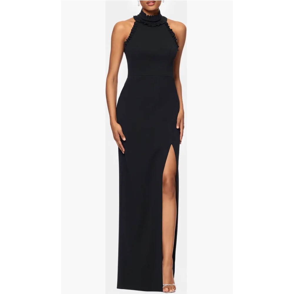 Xscape Black Halter Neck Ruffle High Slit Maxi Evening Gown Dress Sz 12